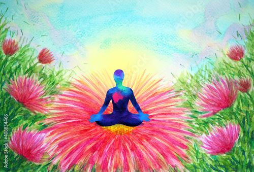human meditate mind mental health yoga art meditation chakra spiritual healing watercolor painting illustration design in blooming flower garden abstract concept