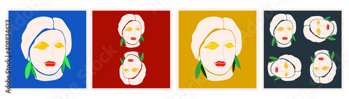 Set of print designs with a lady's face with lemon instead eyes. Funny vector woman portrait for printing on t-shirts, bags, notebooks, post cards. Sicilian colors. Ancient Greek sculpture