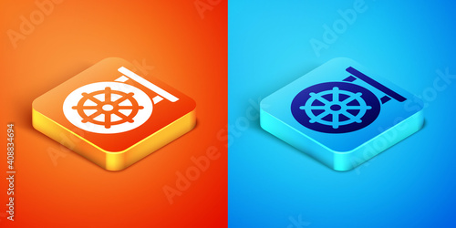 Isometric Dharma wheel icon isolated on orange and blue background. Buddhism religion sign. Dharmachakra symbol. Vector.