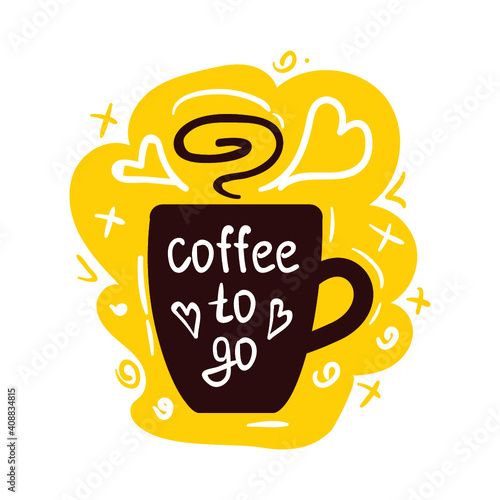 Coffee cup logo. Coffee mugs color banner on white background with text - coffee to go.