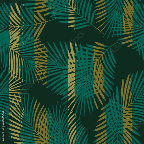 Tropical pattern, palm leaves seamless vector floral background. Leaves of palm tree on paint lines. Exotic plant on stripes. Summer nature jungle print. brush strokes print © Good Goods