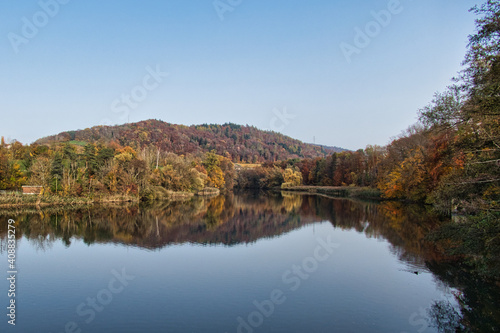 View from Killwangen towards Würenlos over Limmat with autumnal trees