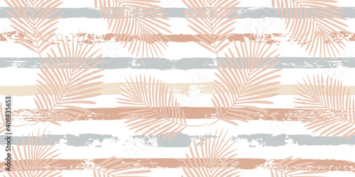 Tropical pattern, palm leaves seamless vector floral background. Exotic plant on beige stripes print illustration. Summer nature jungle print. Leaves of palm tree on paint lines. ink brush strokes