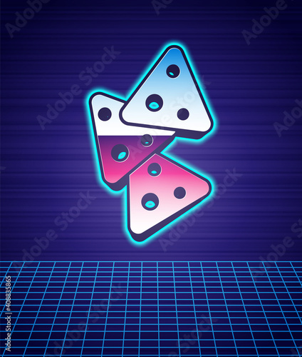 Retro style Nachos icon isolated futuristic landscape background. Tortilla chips or nachos tortillas. Traditional mexican fast food. 80s fashion party. Vector.