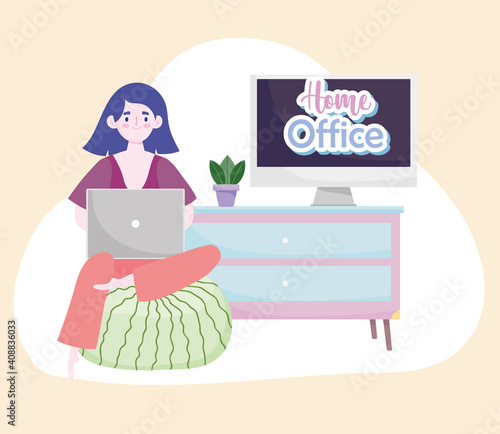 woman using laptop sitting on bean chair home office