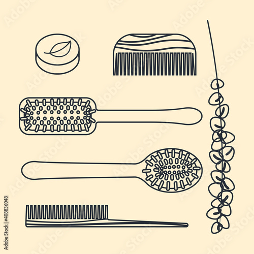 Eco friendly lifestyle combs set. Vector illustration in a line drawing style.