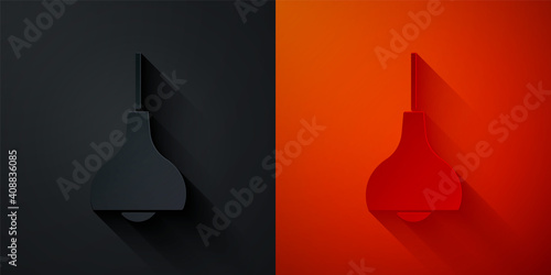 Paper cut Lamp hanging icon isolated on black and red background. Ceiling lamp light bulb. Paper art style. Vector.