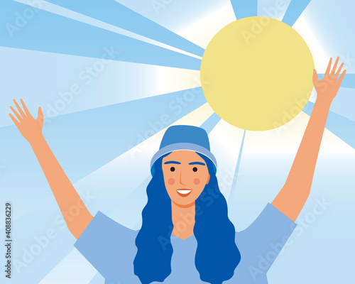 Sunny woman, happy mood, flat vector stock illustration as a concept of happiness, good mood, psychological health, sun in the sky