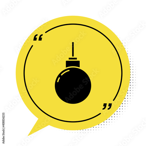 Black Lamp hanging icon isolated on white background. Ceiling lamp light bulb. Yellow speech bubble symbol. Vector.