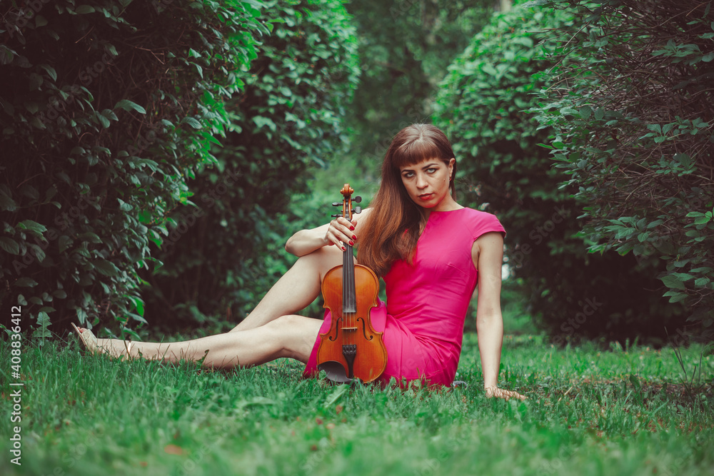beautiful girl with violin in green grass beautiful girl with violin in green grass