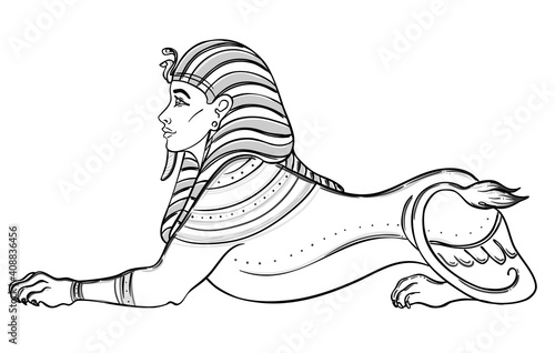 Sphinx, Egyptian mythical creature with head of human, body of lion and wings. Hand-drawn vintage vector outline illustration. Tattoo flash, t-shirt or poster design, postcard. Egypt history.