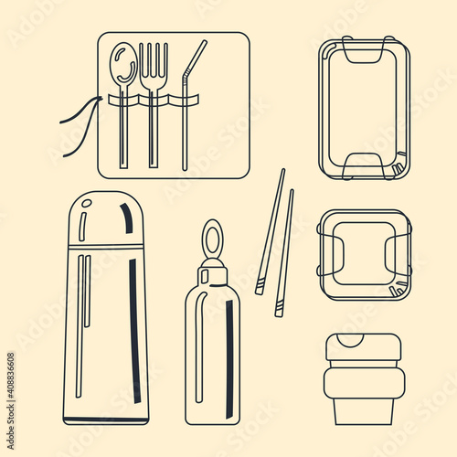 A set of reusable containers for walking with a zero waste lifestyle. Vector illustration in a line drawing style.