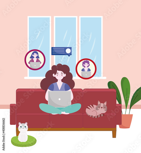 woman working and chatting with colleagues laptop on sofa home office