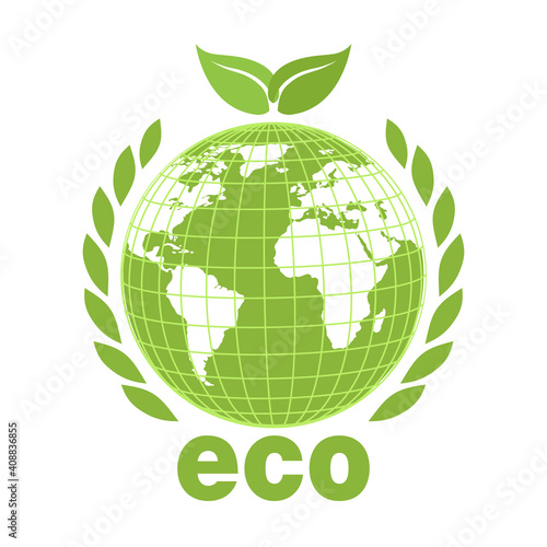 ecology concept illustration.Earth globe with green leaves and text on white background