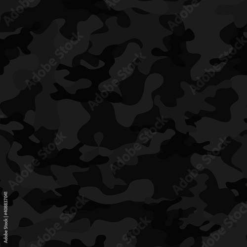 Camouflage black night seamless print, camouflage background for textiles.