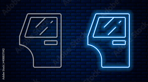 Glowing neon line Car door icon isolated on brick wall background. Vector.