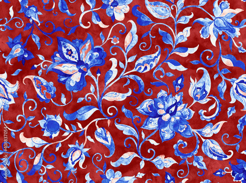 Paisley watercolor floral pattern tile: flowers, flores, tulips, leaves. Oriental indian traditional hand painted water color whimsical seamless print, ceramic design. Abstract india batik background