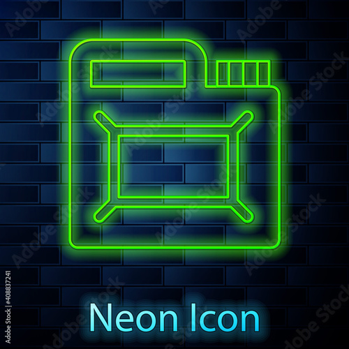 Glowing neon line Canister for motor machine oil icon isolated on brick wall background. Oil gallon. Oil change service and repair. Engine oil sign. Vector.