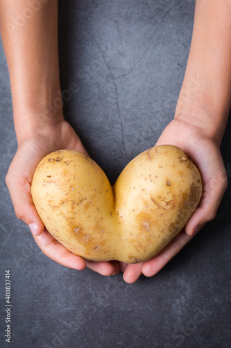 Trendy ugly vegetable, heart shaped potato in hands