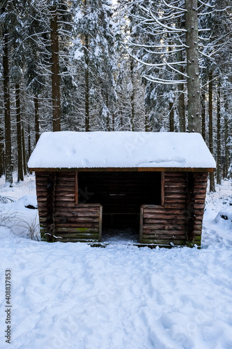 Small wooden shelter in snowy forest