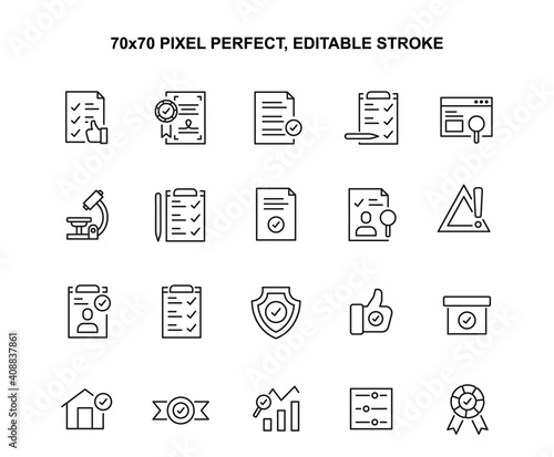 Simple Set of Inspection Related Vector Line Icons. Contains such Icons as Task Schedule Check, Examination, Approval and more. Editable Stroke. 48x48 Pixel Perfect.