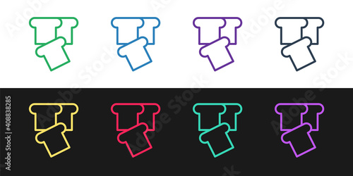 Set line Bread toast for sandwich piece of roasted crouton icon isolated on black and white background. Lunch, dinner, breakfast snack. Vector.