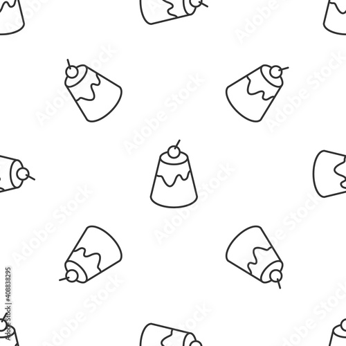 Grey line Pudding custard with caramel glaze icon isolated seamless pattern on white background. Vector.