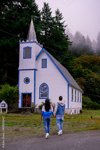 Vancouver Island, Canada, Quadra Island old historical church by the harbor at Cape Mudge, a couple on vacation at Vancouver Island. Canada photo