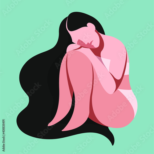 vector illustration on the theme of mental health. very sad girl needs psychological support. girl is sitting on the floor, clasping her knees with her hands. loss of strength, self-doubt, depression