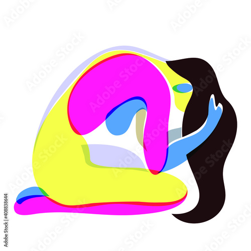 vector illustration on the theme of mental illness. the girl is in a very depressed state, in despair, alone, falling apart. illustration in acid tones as a symbol of toxicity and psychological stress