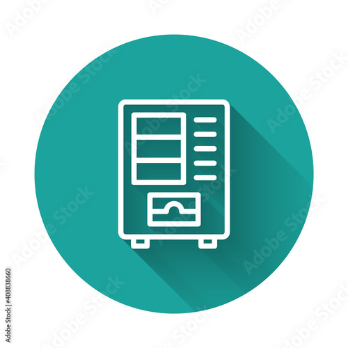 White line Vending machine of food and beverage automatic selling icon isolated with long shadow background. Green circle button. Vector.