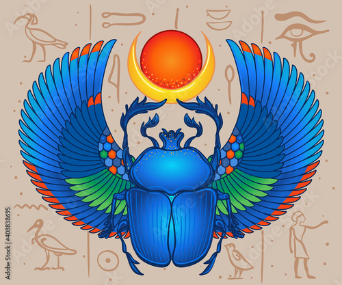 Scarabaeus sacer, Dung beetle. Sacred symbol of in ancient Egypt. Fantasy ornate insects. Isolated vector illustration. Spirituality, occultism, chemistry, occult sun tattoo.