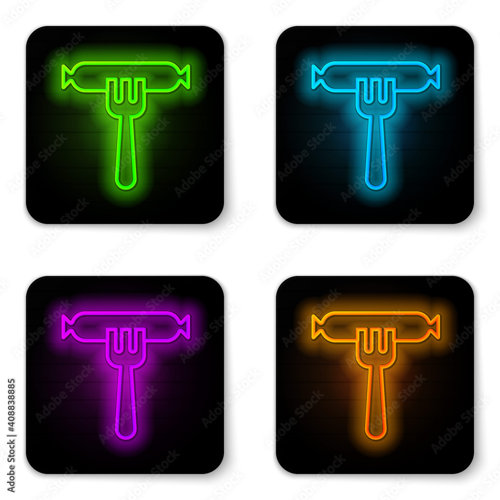 Glowing neon line Sausage on the fork icon isolated on white background. Grilled sausage and aroma sign. Black square button. Vector. Glowing neon line Sausage on the fork icon isolated on white background. Grilled sausage and aroma sign. Black square button. Vector.