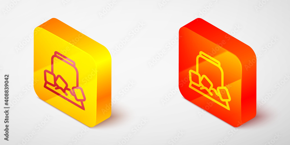 Isometric line Cold beer can icon isolated on grey background. Yellow and orange square button. Vector. Isometric line Cold beer can icon isolated on grey background. Yellow and orange square button. Vector.