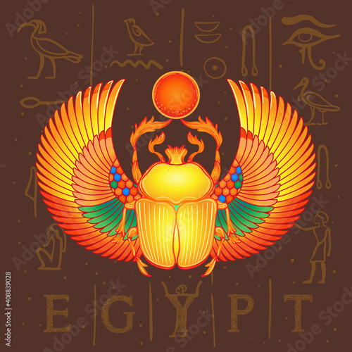 Scarabaeus sacer, Dung beetle. Sacred symbol of in ancient Egypt. Fantasy ornate insects. Isolated vector illustration. Spirituality, occultism, chemistry, occult sun tattoo.