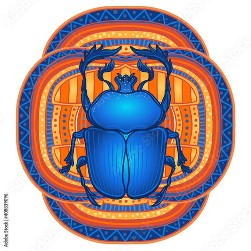 Scarabaeus sacer, Dung beetle. Sacred symbol of in ancient Egypt. Fantasy ornate insects. Isolated vector illustration. Spirituality, occultism, chemistry, occult sun tattoo.