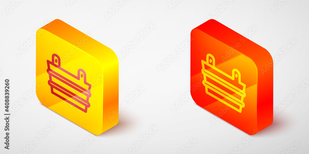 Isometric line Sauna bucket icon isolated on grey background. Yellow and orange square button. Vector. Isometric line Sauna bucket icon isolated on grey background. Yellow and orange square button. Vector.
