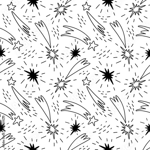 Seamless pattern with shooting stars. A hand-drawn pattern of shining comets with tails. Vector stock illustration of celestial phenomena black on white.