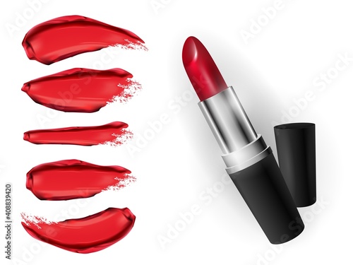 The red lipstick strokes set the texture of the brush strokes isolated on a white background.Realistic lipstick. Make-up. Vector illustration. Beauty and cosmetics colorful collection.