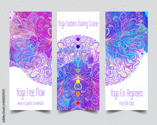 Yoga card, flyer, poster, mat design. Colorful design template for spiritual retreat or yoga studio. Ornamental business cards, oriental pattern. Vector illustration.