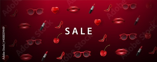 Vector red horizontal background for Valentine s Day sale  Women s Day. Realistic lips  glasses  cherries  lipstick  shoes. Women s set. Realistic 3d vector illustration  banner