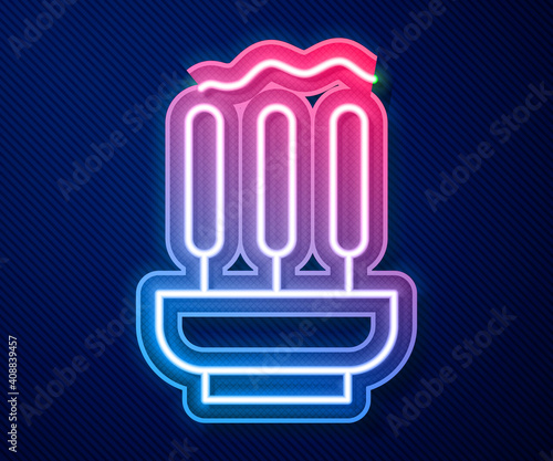 Glowing neon line Burning aromatic incense sticks icon isolated on blue background. Vector.