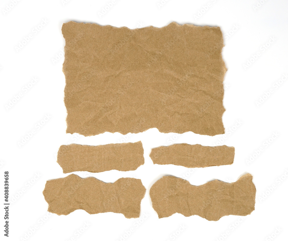 Recycled paper craft stick on a white background. Set of paper torn on white, Brown paper torn or ripped pieces of paper isolated on white background.                           