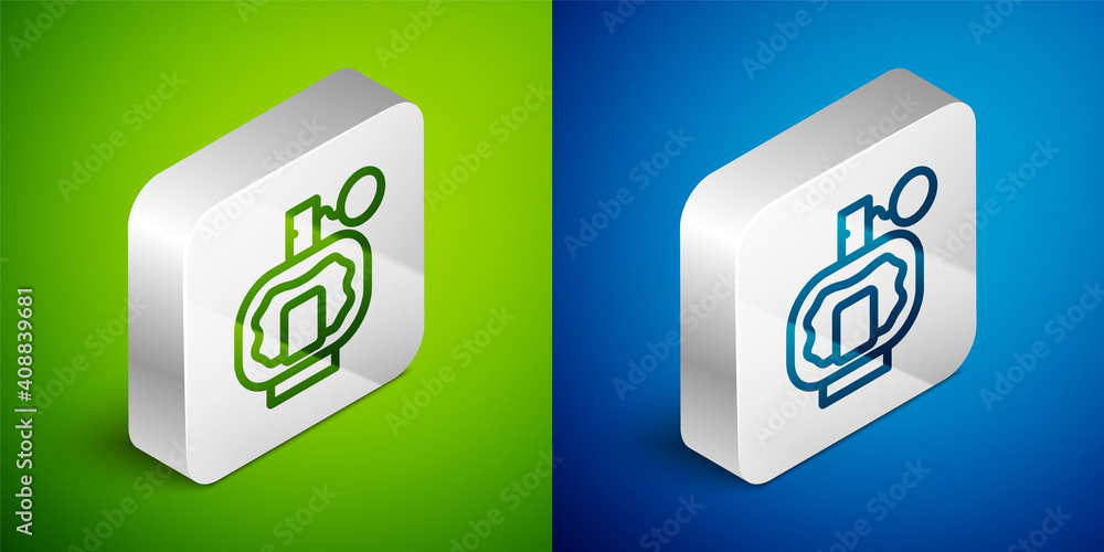 Isometric line Aftershave icon isolated on green and blue background. Cologne spray icon. Male perfume bottle. Silver square button. Vector. Isometric line Aftershave icon isolated on green and blue background. Cologne spray icon. Male perfume bottle. Silver square button. Vector.