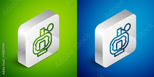 Isometric line Aftershave icon isolated on green and blue background. Cologne spray icon. Male perfume bottle. Silver square button. Vector.