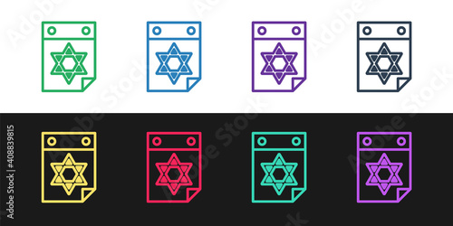 Set line Jewish calendar with star of david icon isolated on black and white background. Hanukkah calendar day. Vector.