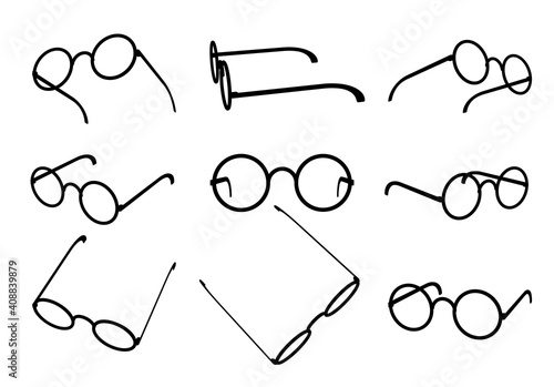 Glasses silhouette set with round lens. Isolated black on white icons for optics shop. Various points of view.