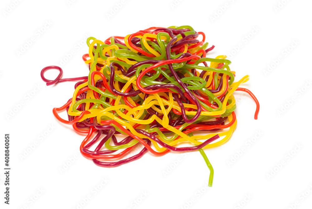 Tasty jelly spaghetti isolated on white background. Candy stripes.