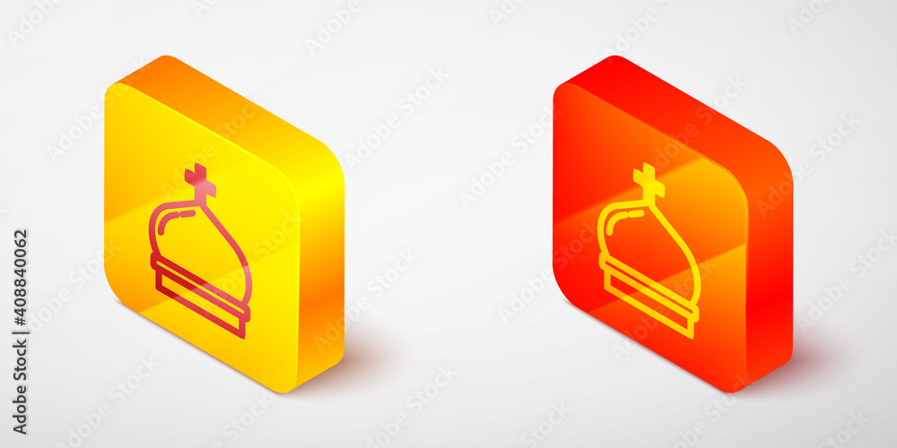 Isometric line Christian church tower icon isolated on grey background. Religion of church. Yellow and orange square button. Vector. Isometric line Christian church tower icon isolated on grey background. Religion of church. Yellow and orange square button. Vector.