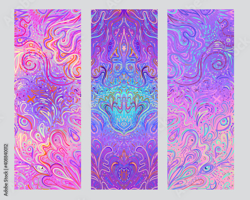 Yoga card, flyer, poster, mat design. Colorful design template for spiritual retreat or yoga studio. Ornamental business cards, oriental pattern. Vector illustration.